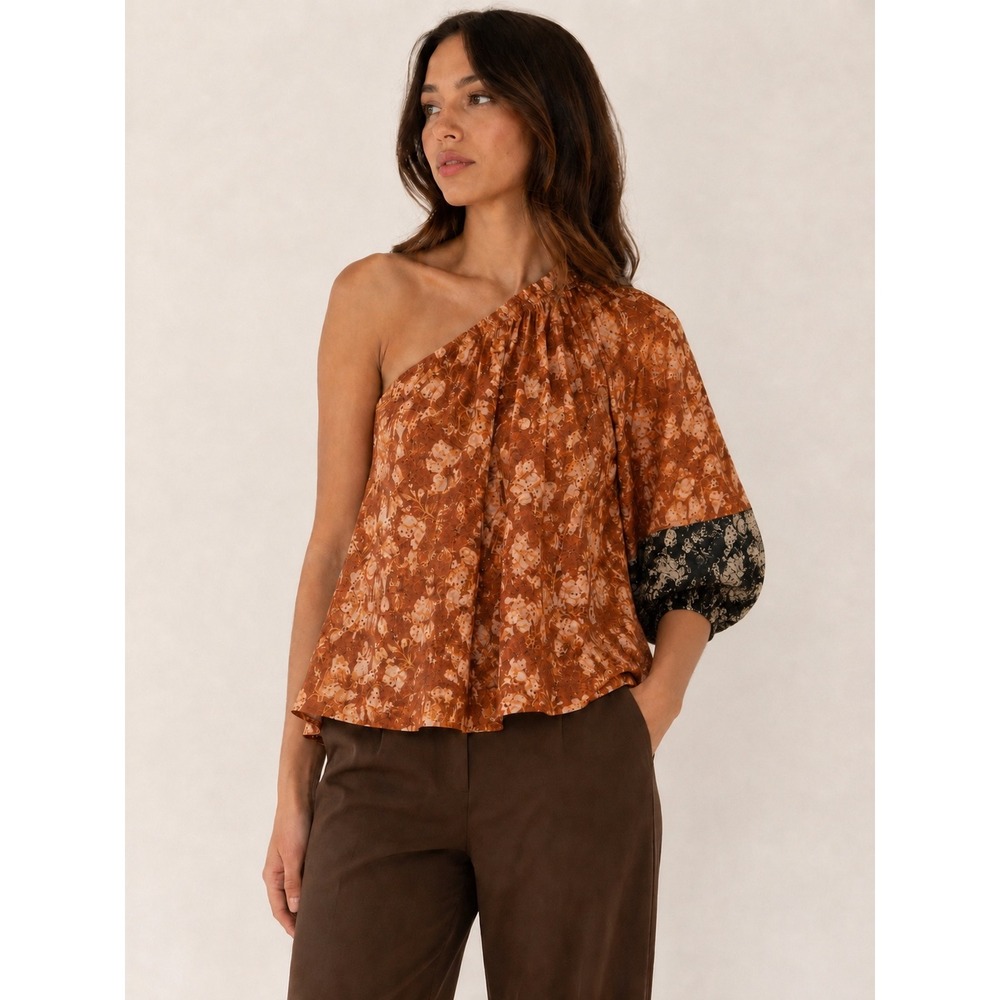 Sachin & Babi x Anthropologie One Shoulder Floral Eyelet Blouse Rust Size M NWT